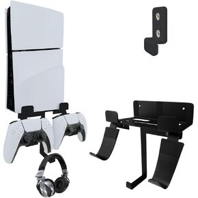 Wall Mount for PS5 Slim Console, Aluminum PS5 Slim Disc/Digital Console Wall Shelf Mount with Controller & Headphone Holder - Black