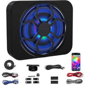 2025 800W Subwoofer,10" Slim Underseat Car/Truck Audio Sub Built in Amplifier,High/Low Level Input, Car Subwoofer with Low Pass/Gain/Boost Bass, with RGB Ambient Light for Truck/SUV/ORV