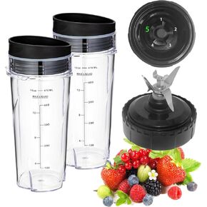 2 Pack 16oz Single Serve Cups &5 Fins Blender Blade Assembly for Ninja QB3001SS Fit Compact Personal Blender, 5-Fins Blade and 16oz cups for Ninja Blender QB3000, QB3000SS, QB3000SSW, QB3004, QB3005