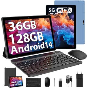 YUMKEM Android 14 Tablet 10 inch Tablets with 36GB RAM+128GB ROM(Expand to 1TB), 2 in 1 with Keyboard, Octa-Core, WiFi6, Bluetooth5.0, 8000mAh, Split Screen, Face Unlock - Blue