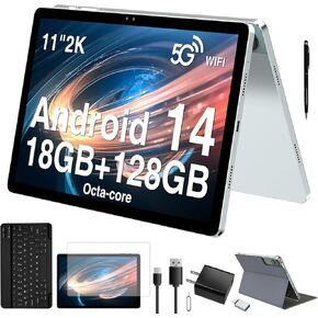 2025 Latest 11 inch Android 14 Tablet, 18GB RAM 128GB ROM, 1TB Expandable, 2K Display, T616 Octa-Core, 13MP+5MP+5MP Camera, 9000mAh Battery, GPS, Face ID, Quad Speakers, Tablet with Keyboard and Pen