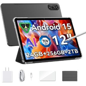 Blackview Android 15 Tablet Mega2 2025, 12 inch Android Tablet with FHD+2K Display, 24GB RAM + 256GB ROM, 9000mAh, Pen &Case, Octa-core Unisoc T615, Widevine L1, Google GMS, Gray
