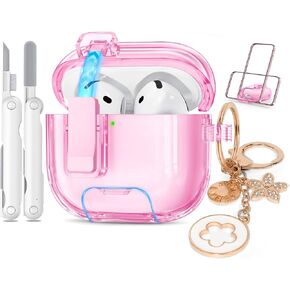 for Airpods 4 Case Pink with Lock&Bling Keychain for Women&Girly,Cute Soft TPU Clear Case Cove for Apple Airpods 4th Generation (2024) with Cleaning Kit,Phone Holder Function