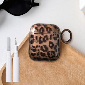 Compatible with AirPods Pro Case Soft TPU with Cleaner Kit Cute Keychain Cover Leopard Paint Strawberry Heart Case Girls Women for Airpods Pro 2nd Generation/1st 2019-Clear Brown