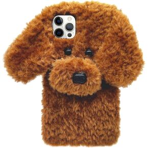 Losin Dog Case Compatible with iPhone 14 Pro Max Cute 3D Plush Fluffy Dog Case Cartoon Case Fashion Luxury Fur Hair Fuzzy Wool Face Soft Back Cover Shockproof Protective for Women Girls Girly Brown