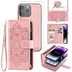 Asuwish Phone Case for iPhone 14 Pro Max 6.7 Inch Slet Wallet Cover with with Glass Glass Screen Screens Strap حامل بطاقة زهرة iPhone14Promax 5G I Phone14max بالإضافة إلى iPhone14 Promax Women Gray in Kuwait