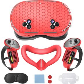 7 in 1 Silicone Cover Set for Oculus Meta Quest 3S Accessories, VR Protector Face Cover, Controller Grips Cover, Silicone Front Shell Headset Cover Kit, Quest 3S Skin Bundle (Red-2)