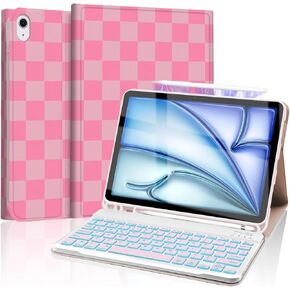 for iPad Air 11-inch (M3/M2-2025/2024) Case with Keyboard, Wireless Keyboard Cover with Pencil Holder for Air 10.9 Inch (5th/4th-2022/2020), Checkered Plaid Brown-White