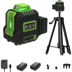 Laser Level with Tripod,360 Green Cross Line Laser Self Leveling for Wall Tile Ceiling Grid Construction, 2 Batteries & Remote Control