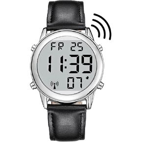RUNCAR Elegant Mens Jumbo LCD American English Accent Atomic Talking Watch with Genuine Leather Strap,Speaks The Time, Date or Alarm time for Elderly, Impaired Sight or Blind