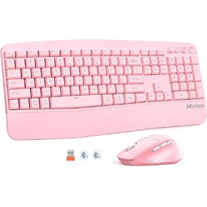 MEETION Wireless Keyboard and Mouse, Bluetooth Ergonomic Keyboard with Wrist Rest, Multi-Device, 3-Level DPI Wireless Mouse for Windows/MacLaptop/Computer/PC/iPad/Andriod, Pink