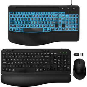 2 Pack Wireless Keyboard and Mouse Combo, EAYBLLY Wave Keys Wireless Ergonomic Keyboard with Cushioned Wrist Rest, Phone Holder, 2.4GHz Silent Cordless Keyboard Mouse Set