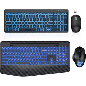 2 Pack Wireless Keyboard and Mouse Combo - Bluetooth Multi-Device Slim Portable Rechargeable Backlits Cordless Keyboard, Rechargeable Ergonomic Keyboard with Phone Holder, Silent Light Up Combo, SABLU