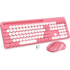 Wireless Keyboard and Mouse Combo, Retro Round Keycaps, Cute Full-Size Typewriter Keyboard with Phone Holder, Sleep Mode, Click Soft, 2.4GHz Cordless Connection for Windows/PC/Laptop (Desert Rose)