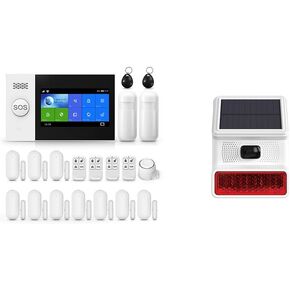 Home Security System and Outdoor Alarm Siren Solar-Powered 21 Piece Kit with Siren, PIR Motion Sensor, Remote Controls, Window/Door Sensor