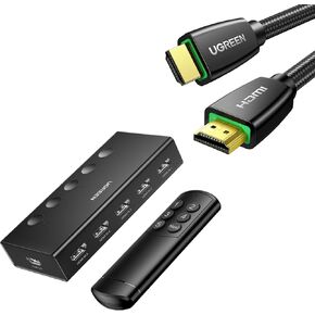 UGREEN HDMI Switch 5 in 1 Out 4K@60Hz, HDMI Splitter with Remote 5 Port HDMI Switcher Selector Bundle with 4K HDMI Cable 6.6FT,18Gbps High Speed Braided HDMI Cord