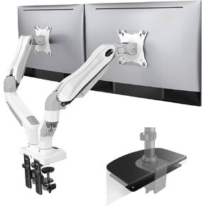 HUANUO Dual Monitor Stand - Full Adjustable Monitor Desk Mount Swivel Vesa Bracket with C Clamp,Steel Monitor Mount Reinforcement Plate for Thin, Glass and Other Fragile Tabletop