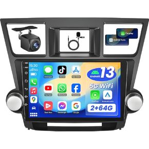 4Core 64G ROM Car Radio Stereo for Toyota Highlander 2008-2013: 10'' Touch Screen Android 13 Stereo with Wireless CarPlay&Android Auto GPS Navigation Bluetooth Backup Camera FM RDS Radio SWC