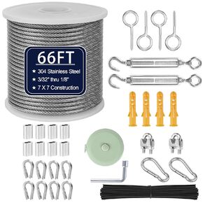 1/8" Wire Rope Kit 236FT Stainless Steel Aircraft Cable with M5 Turnbuckles, 7x7 Strand Core Vinyl Coated Guy Wire Tensioner Kit for Garden String Light, Pictuer, Clothes, Curtain Hanging