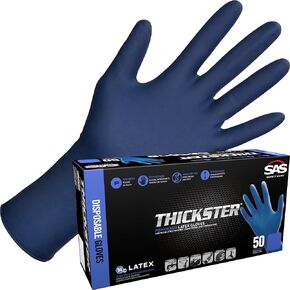 SAS Thickster Powdered Latex Disposable Gloves - 10 Boxes / 50 Ea. 500 Gloves Total. 14 Mil, XL, Blue. Fully Textured. 12" Length. Disposable Gloves. Puncture Resistant (6604)