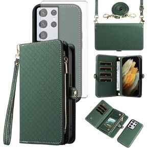 Asuwish Phone Case for Samsung Galaxy S21 Ultra 5G Zipper Wallet Detachable Cell Cover with Tempered Glass Screen Protector Crossbody Strap Flip Card Holder S21ultra 21S S 21 21ultra G5 Women Green