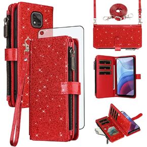 Asuwish Phone Case for Moto G Power 2021 Wallet PU Cell Cover with Tempered Glass Screen Protector Strap Bling Glitter Zipper Flip Credit Card Holder Motorola GPower 21 5G Version XT2117-4 Women Red
