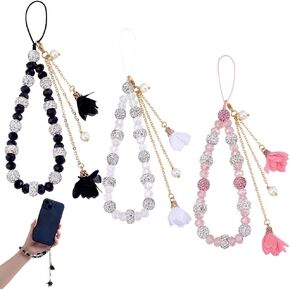 PH PandaHall 3 Colors Beaded Phone Strap 3pcs Crystal Flower Phone Charm Phone Lanyard Strap Glass Rhinestone Beads Phone Strap with Chiffon Pendants for Women Friends Phone Bag Keychain Decor, 6.8inch