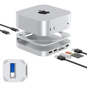 Mac Mini M4 Dock, Aluminum Mac Mini Stand and Hub for Mac Mini M4 and M4 Pro 2024 with M.2 NVMe SSD Enclosure, 2X USB-A 10Gbps, SD/TF Card Readers, USB 2.0 Data (Silver)│Accessories