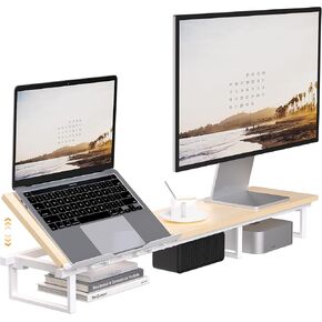 Roslim Dual Monitor Stand with Adjustable Laptop Holder – Ergonomic 7-Angle Laptop Stand for Desk, Wooden Computer Riser for 2 Monitors, For Home & Office, Oak Wood