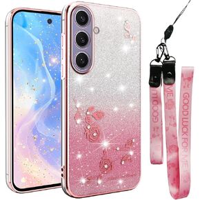 for Samsung Galaxy S25 Case Glitter with Crossbody Lanyard Strap for Women Girls, Sparkle Bling Shiny Girly Phone Cover Cute Flowers Floral Case for Galaxy S25 5G YSS Purple