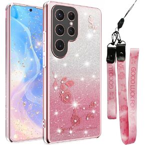 for Samsung Galaxy S25 Case Glitter with Crossbody Lanyard Strap for Women Girls, Sparkle Bling Shiny Girly Phone Cover Cute Flowers Floral Case for Galaxy S25 5G YSS Purple in Kuwait