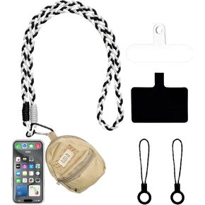 Phone Lanyard, Cellphone Neck Strap, 2× Tether Tab, 1× Zipper Pouch, Universal Lanyard for Women, Weave Clip and Go Phone Strap with Wallet for Smartphones, Black+Gray