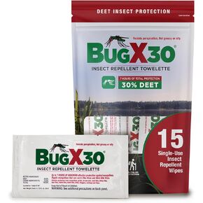 CoreTex Bug X 30 Mosquito, Tick, & Insect Repellent Wipes (30% DEET) with Resealable Travel Bag - Pack of 15 Single-Use Bug Repellent Wipes for Up to 7+ Hours of Protection Against 12 Types of Insects