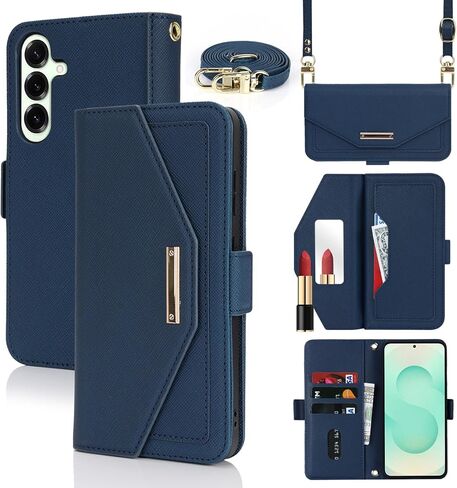Jaorty Crossbody Wallet for Samsung Galaxy S25 Plus Case with Long Shoulder Strap,S25+ Case Credit Card Holder 6.7",PU Leather Handbag Purse Kickstand Make Up Mirror Cover Case for Women Girls,Blue in Saudi Arabia