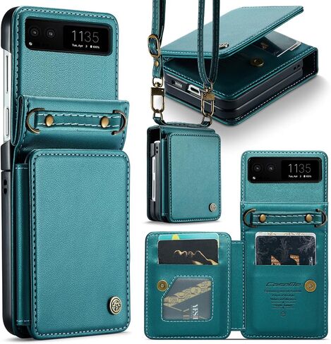 Classic PU Leather Flip Case for Motorola Razr 2023 with Card Holder & Crossbody Strap - Green in Saudi Arabia