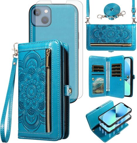 Asuwish Phone Case for iPhone 13 Mini 5.4 inch Zipper Wallet Cell Cover with Tempered Glass Screen Protector Strap Flower Card Holder iPhone13mini i-Phone 13minicase i iPhone13 13mini Women Girls Blue in Kuwait
