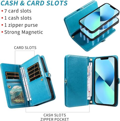 Asuwish Phone Case for iPhone 13 Mini 5.4 inch Zipper Wallet Cell Cover with Tempered Glass Screen Protector Strap Flower Card Holder iPhone13mini i-Phone 13minicase i iPhone13 13mini Women Girls Blue in Kuwait
