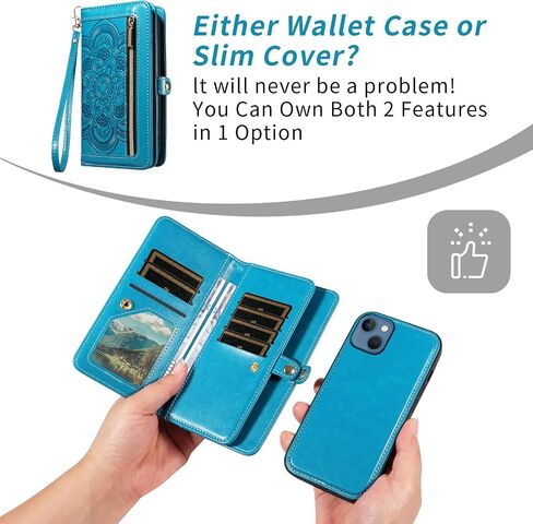 Asuwish Phone Case for iPhone 13 Mini 5.4 inch Zipper Wallet Cell Cover with Tempered Glass Screen Protector Strap Flower Card Holder iPhone13mini i-Phone 13minicase i iPhone13 13mini Women Girls Blue in Kuwait