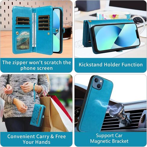 Asuwish Phone Case for iPhone 13 Mini 5.4 inch Zipper Wallet Cell Cover with Tempered Glass Screen Protector Strap Flower Card Holder iPhone13mini i-Phone 13minicase i iPhone13 13mini Women Girls Blue in Kuwait