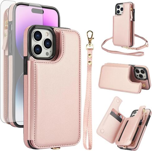 Asuwish Phone Case for iPhone 14 Pro 6.1 inch Zipper Wallet Cover with Tempered Glass Screen Protector and RFID Blocking Card Holder Cell iPhone14Pro 5G i i-Phone i14 iPhone14 4 14Pro Women Rose Gold in Saudi Arabia