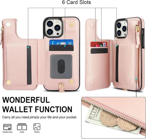 Asuwish Phone Case for iPhone 14 Pro 6.1 inch Zipper Wallet Cover with Tempered Glass Screen Protector and RFID Blocking Card Holder Cell iPhone14Pro 5G i i-Phone i14 iPhone14 4 14Pro Women Rose Gold in Saudi Arabia
