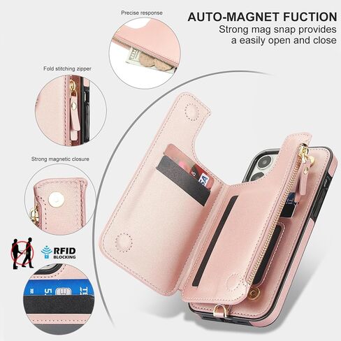 Asuwish Phone Case for iPhone 14 Pro 6.1 inch Zipper Wallet Cover with Tempered Glass Screen Protector and RFID Blocking Card Holder Cell iPhone14Pro 5G i i-Phone i14 iPhone14 4 14Pro Women Rose Gold in Saudi Arabia