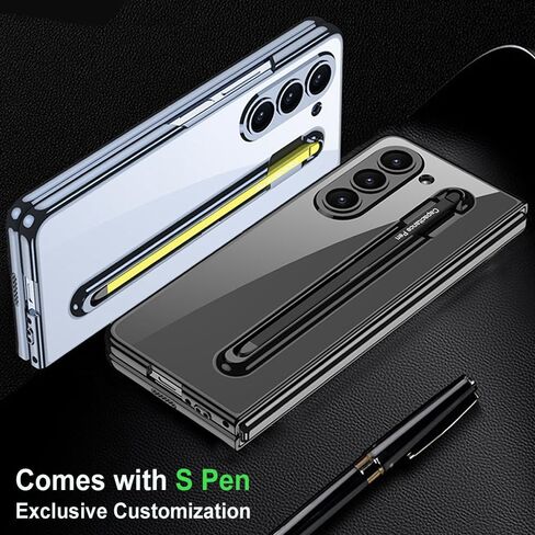 for Samsung Galaxy Z Fold 5 Clear Case with S Pen Holder & S Pen, Transparent Crystal Plating Case with Screen Protector, Luxury Shockproof Anti-Scratch Cover for Z Fold 5(Black+Black Pen) in Saudi Arabia
