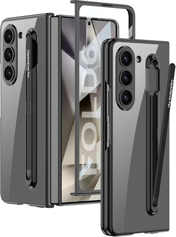 for Samsung Galaxy Z Fold 5 Clear Case with S Pen Holder & S Pen, Transparent Crystal Plating Case with Screen Protector, Luxury Shockproof Anti-Scratch Cover for Z Fold 5(Black+Black Pen) in Saudi Arabia