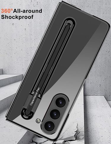 for Samsung Galaxy Z Fold 5 Clear Case with S Pen Holder & S Pen, Transparent Crystal Plating Case with Screen Protector, Luxury Shockproof Anti-Scratch Cover for Z Fold 5(Black+Black Pen) in Saudi Arabia