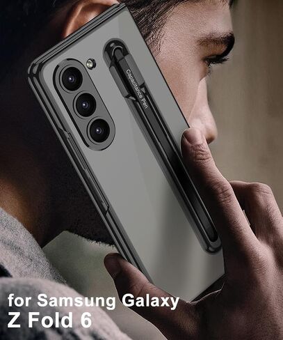 for Samsung Galaxy Z Fold 5 Clear Case with S Pen Holder & S Pen, Transparent Crystal Plating Case with Screen Protector, Luxury Shockproof Anti-Scratch Cover for Z Fold 5(Black+Black Pen) in Saudi Arabia