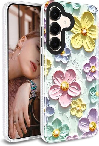 Jiaxiufen لـ Galaxy S25 Case Sparkle Glitter Retro Dois Paint Plant Flower Design Slim Froofchproof Cover Case for Samsung Galaxy S25 5G 6.2 Inch Mint Colorful in Kuwait