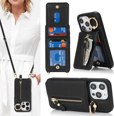 for iPhone 15 Pro Max Wallet Case with Card Holder, for iPhone 15 Pro Max Case Wallet with Strap Credit Card Slot, Crossbody Bag with Zipper Case for iPhone15 Pro Max - Black in Kuwait