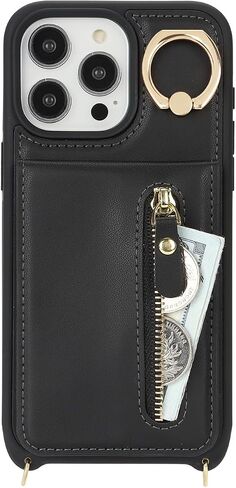 for iPhone 15 Pro Max Wallet Case with Card Holder, for iPhone 15 Pro Max Case Wallet with Strap Credit Card Slot, Crossbody Bag with Zipper Case for iPhone15 Pro Max - Black in Kuwait