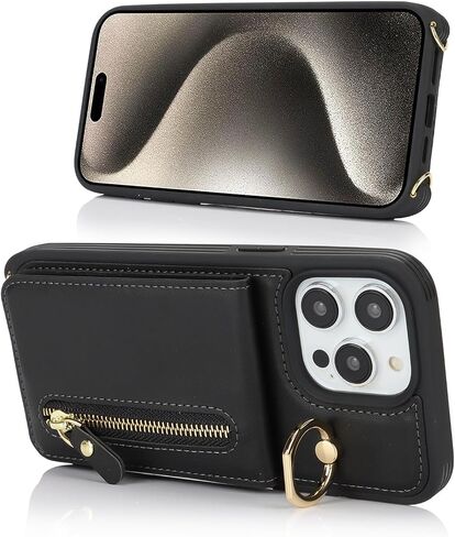 for iPhone 15 Pro Max Wallet Case with Card Holder, for iPhone 15 Pro Max Case Wallet with Strap Credit Card Slot, Crossbody Bag with Zipper Case for iPhone15 Pro Max - Black in Kuwait
